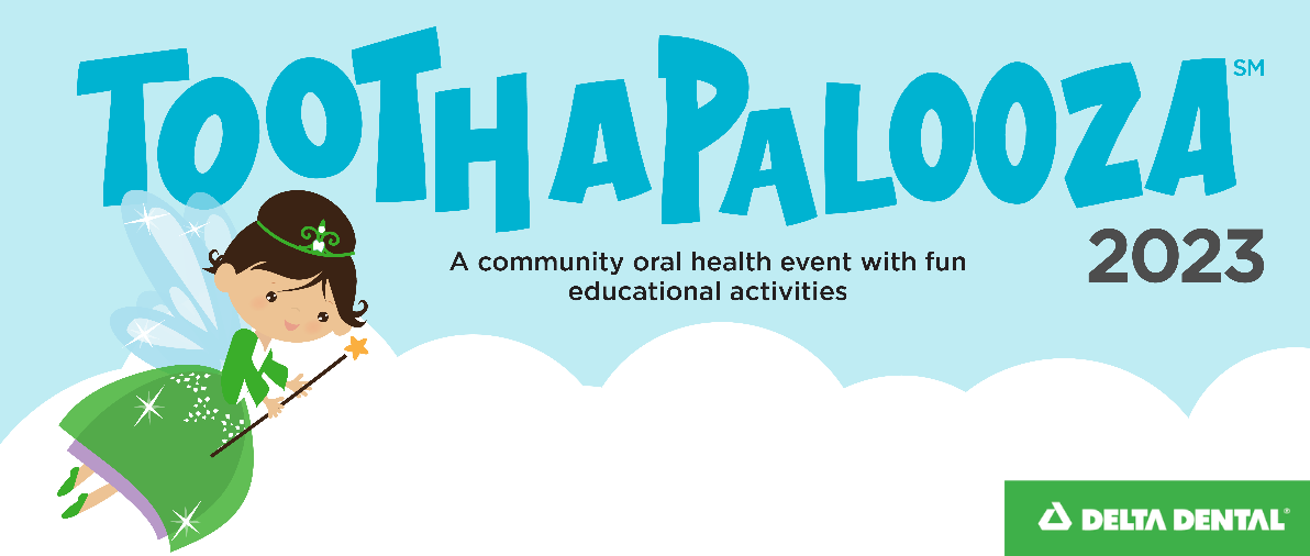 Toothapalooza event banner with tooth fairy smiling