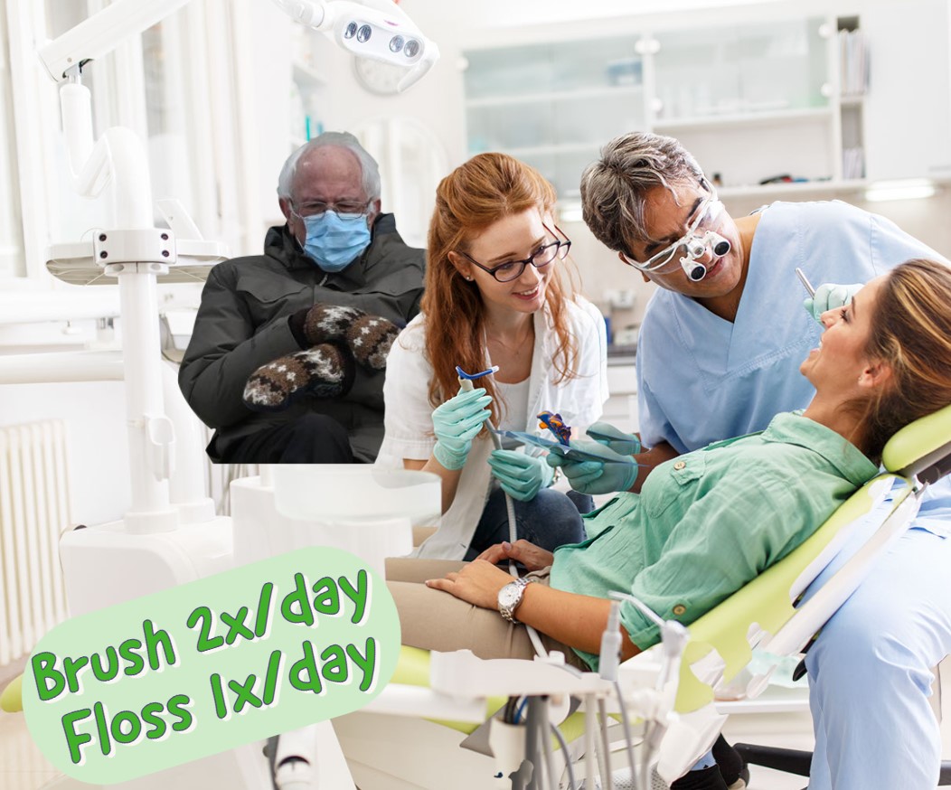 Bernie in dental office, with text