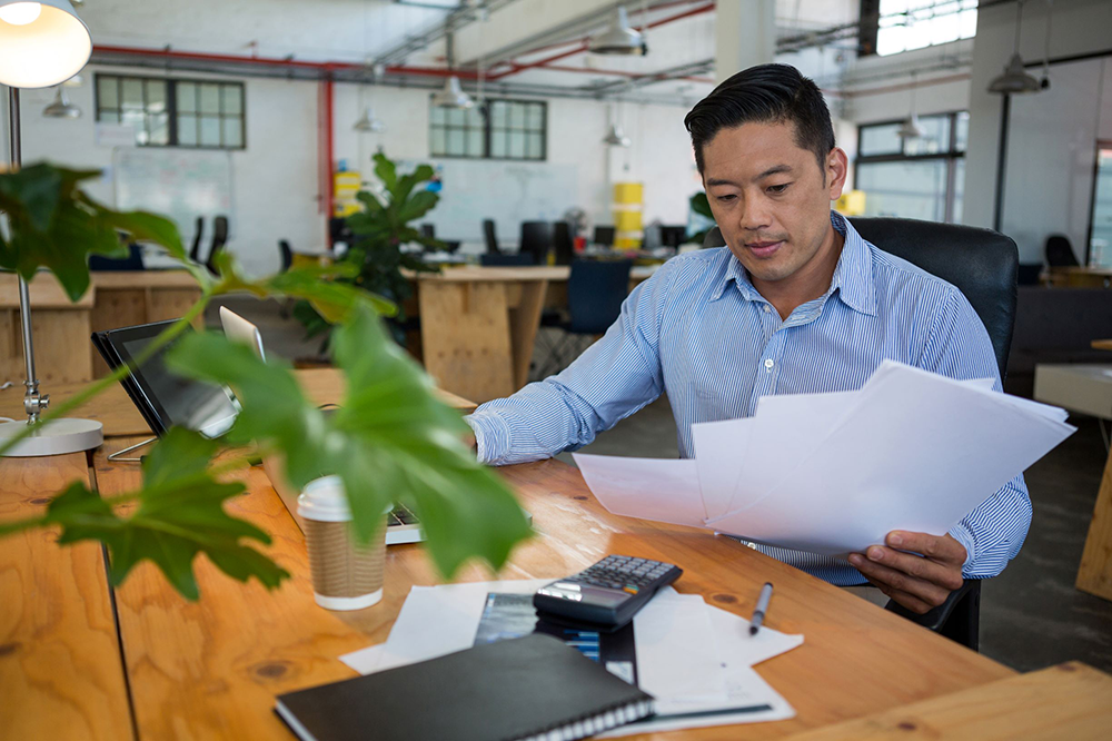 Small-business owner reviewing proposals.