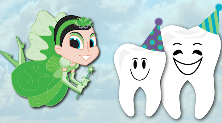 Image of the Tooth Fairy and two smiling teeth